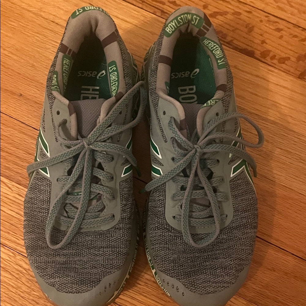 Asics Gray and Green Running Shoes Boston Marathon